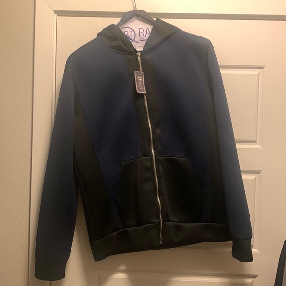 NWT Forever 21 MEN Black Blue Scuba Zip Athletic Hoodie Jacket L Large - Picture 1 of 4